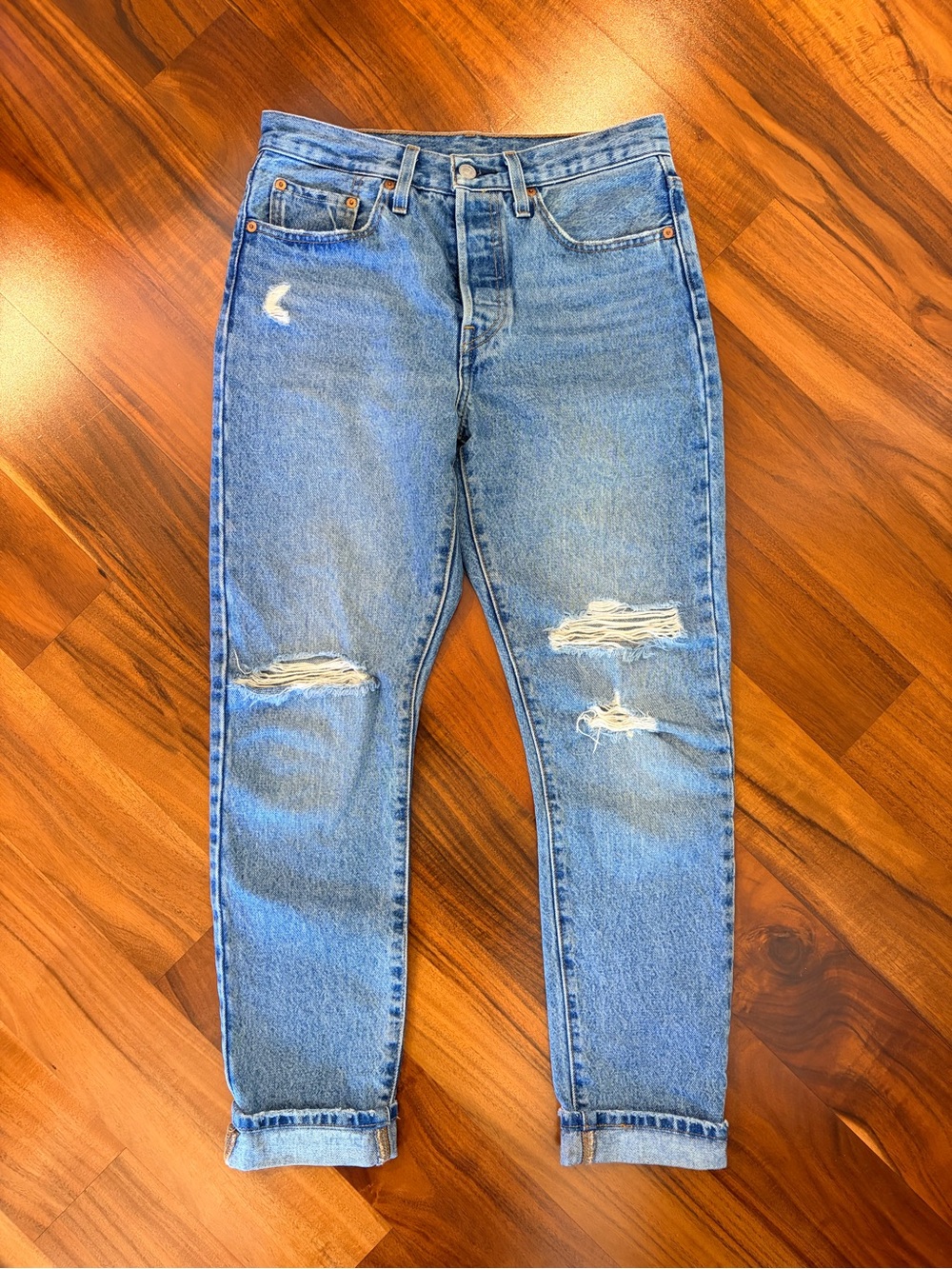 Levi's Womens 501 Light Blue Ripped Straight Jeans